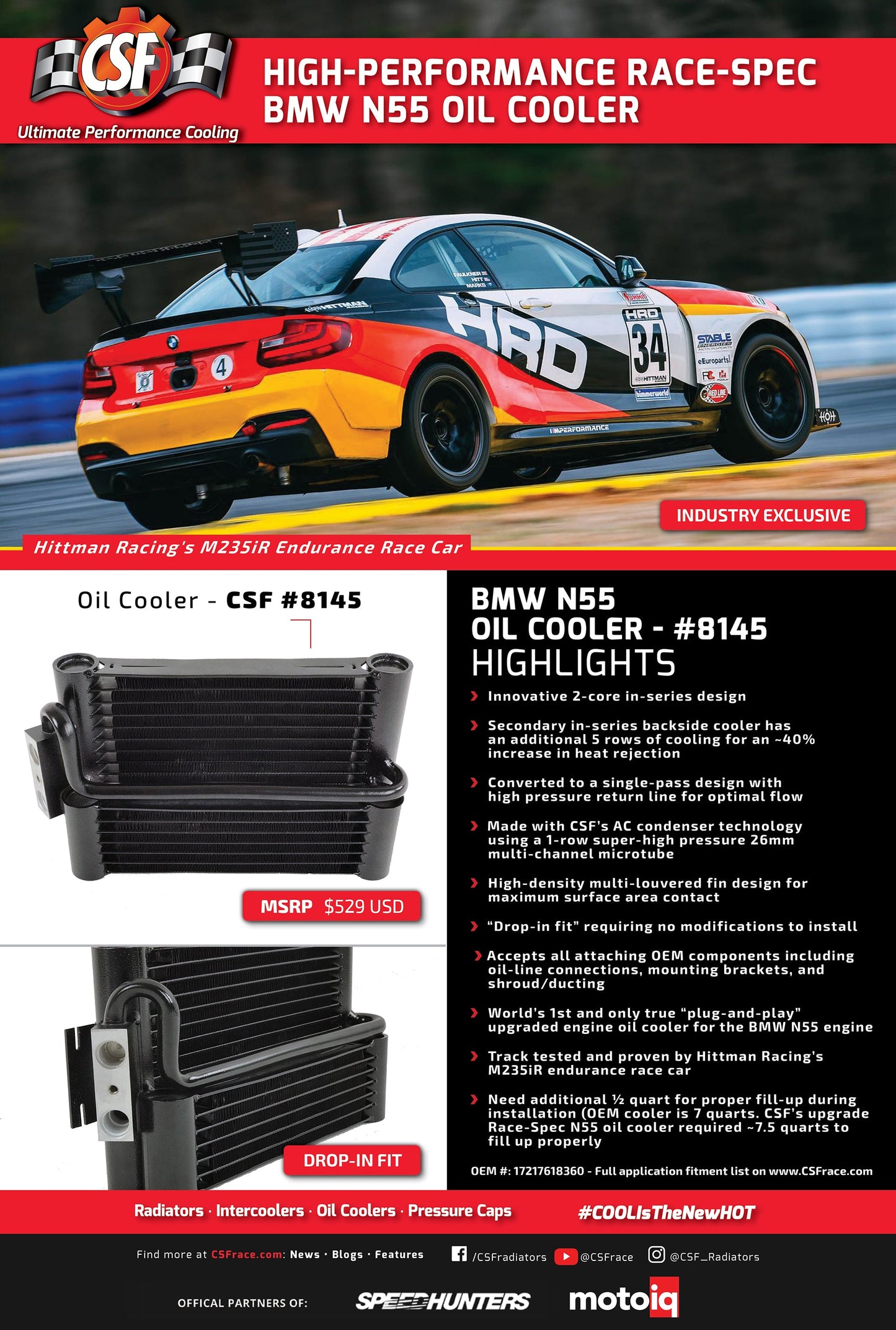 BMW F20/F21/F22/F23 135i/235i (N55) / F30/F31 335i(X) / Hybrid 3 11-16 Race-Spec Oil Cooler