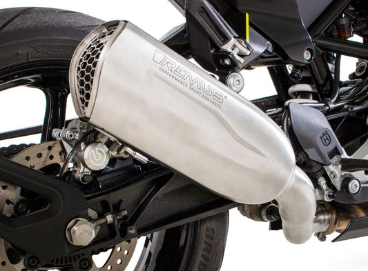 NXT Slip On Exhaust for Husqvarna 701 Vitpilen & Svartpilen — Connection Tube + Racing Black + Footrests replacement (#2)
