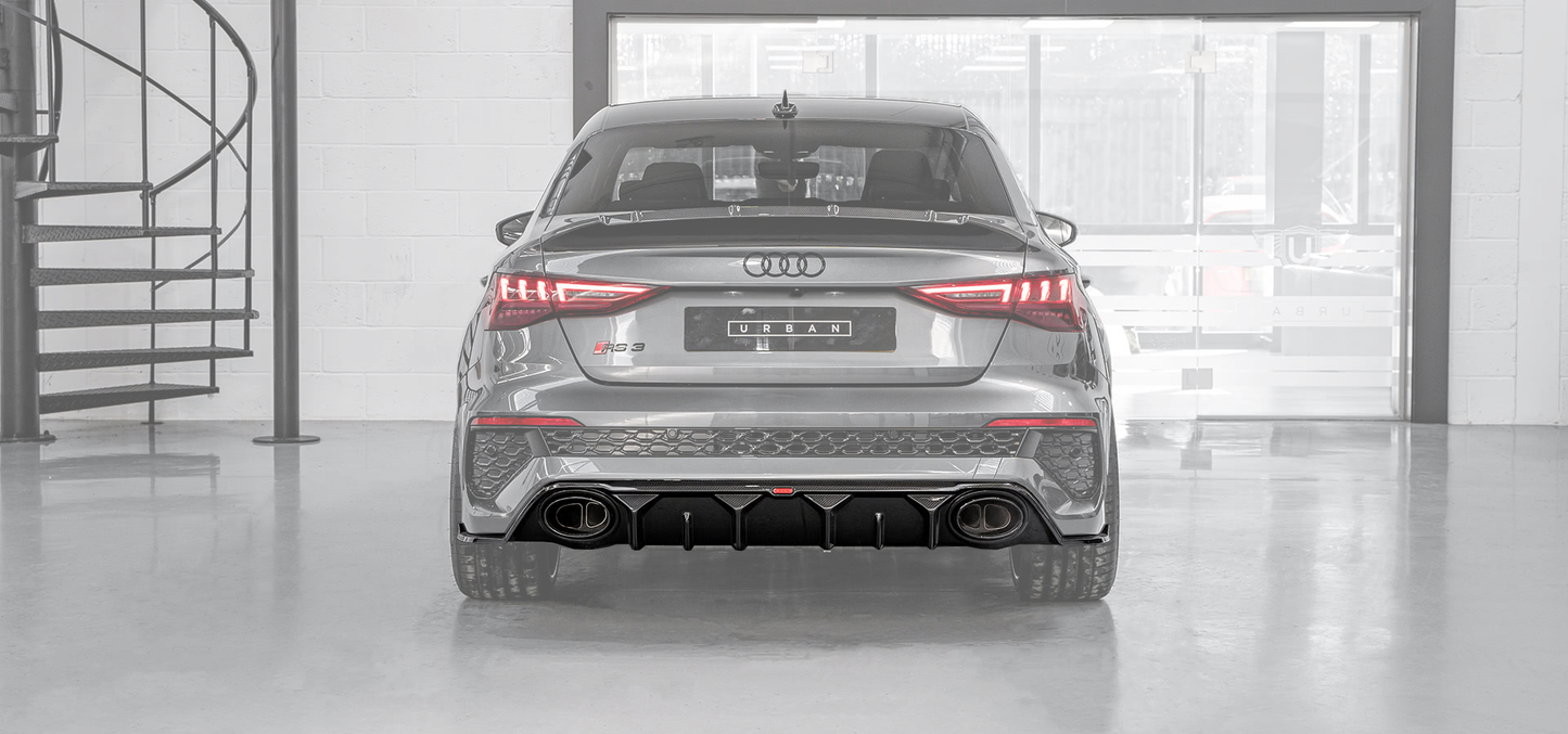 Audi RS3 8Y Saloon Rear Diffuser with Bumper Sills - Visual Carbon Fibre with URBAN Emblem