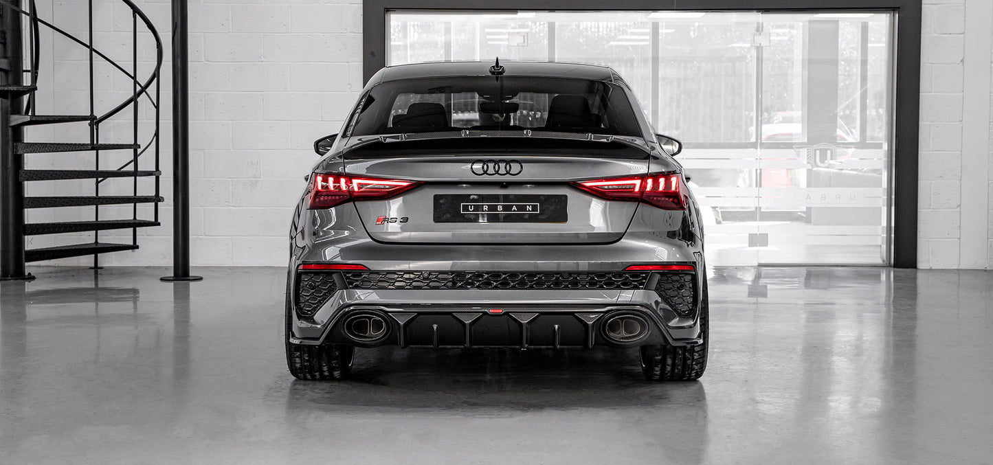 Audi RS3 8Y Saloon Rear Diffuser with Bumper Sills - Visual Carbon Fibre with URBAN Emblem