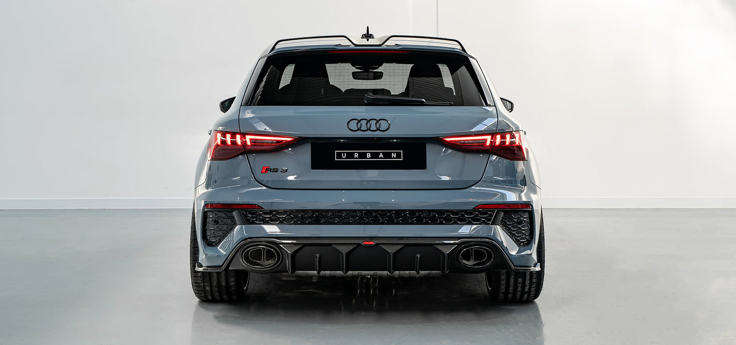 Audi RS3 8Y Hatchback Rear Diffuser with Bumper Sills - Visual Carbon Fibre with URBAN Emblem